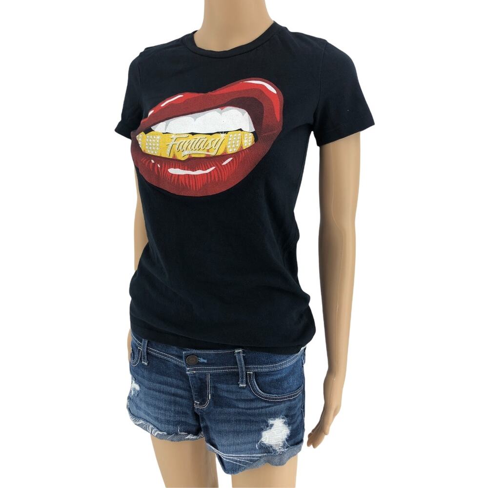 Fantasy Tek House SMALL Y2K Black Grill Mouth Lips Graphic Print Tee Shirt